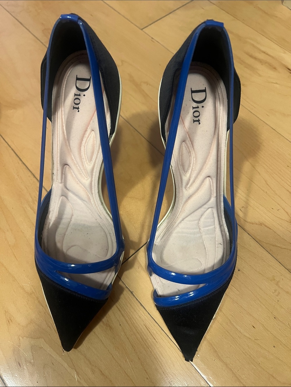 Dior Black Pointed-Toe Slingbacks with Blue Trim